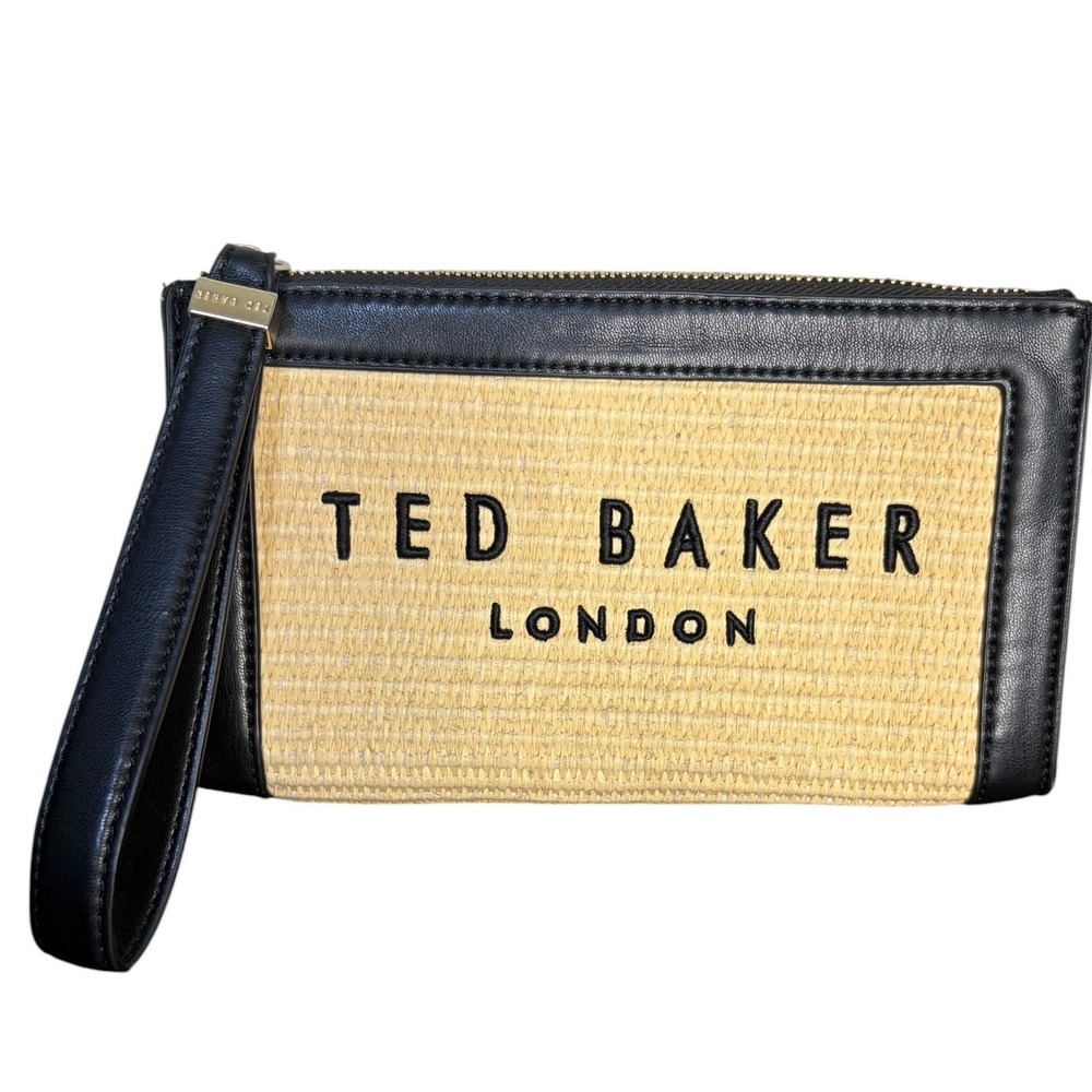 Ted Baker Black Beige Raffia Wristlet Woven Logo Clutch Women's OS